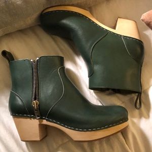 Green Leather Swedish Hasbeens Zip Up Boots